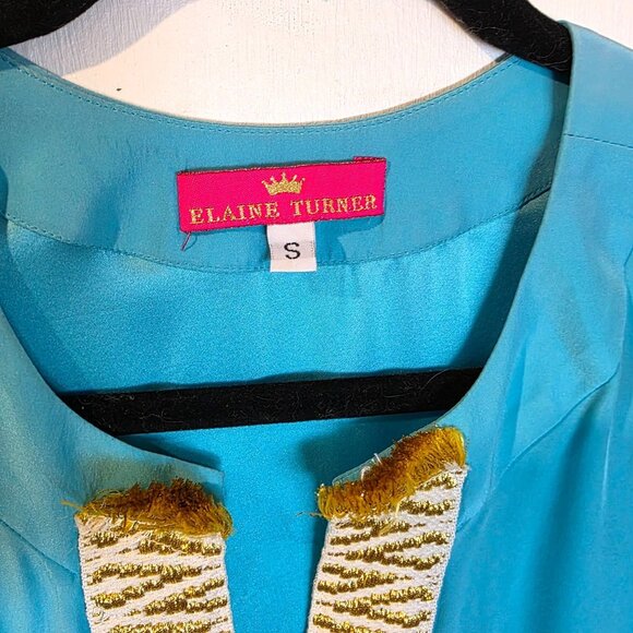 Elaine Turner Silk Shift Dress Small Embroider Fringe Turquoise Blue Resort Boho - Picture 5 of 9